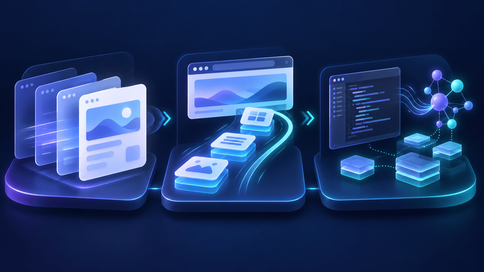 Three connected panels representing interface transitions, instant navigation, and AI-assisted development